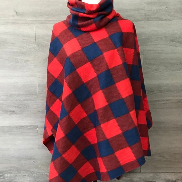 Handmade Hoodie Cowl Turtleneck Fleece poncho red navy blue checker print - Picture 1 of 4